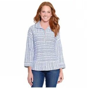 Ali Miles KNIT POPOVER WITH SHIRT COLLAR - GREY STRIPE Medium Artsy Lagenlook